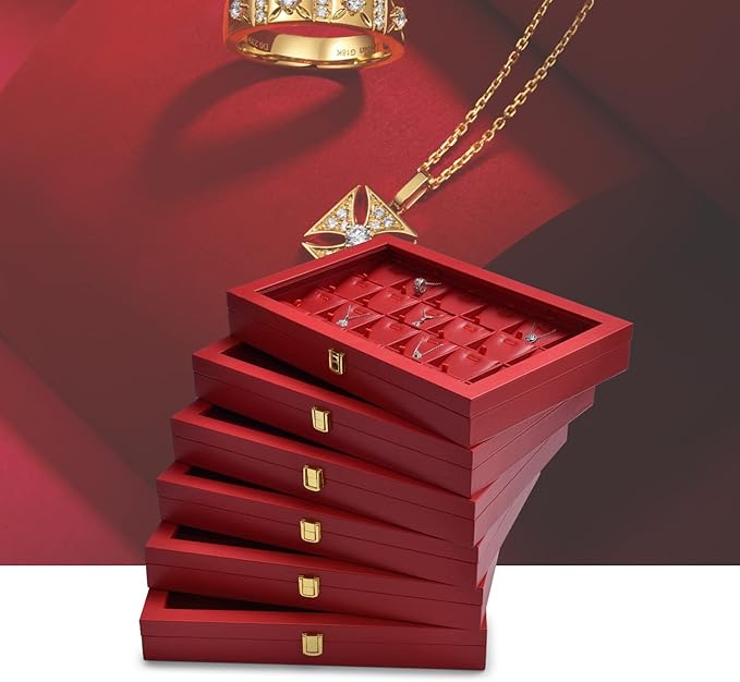 Oirlv Luxury Leather Necklace Tray with 24 Grid Removable Jewelry Cards Jewelry Organizer Box with Transparent Acrylic Lid Necklace Pendant Display Case