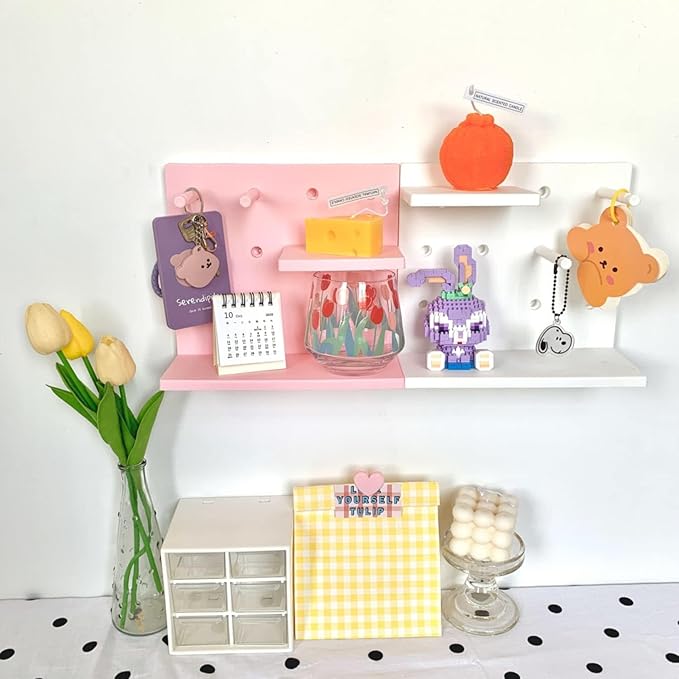 HGYZE Peg Boards for Walls with Shelf & Hooks, No Punching Craft Room Storage for Bedroom Garage Living Room Office, Pegboard Ledges Organizer, 4 Pack Decorative Wall Panel Kits for Blindboxes (Pink)