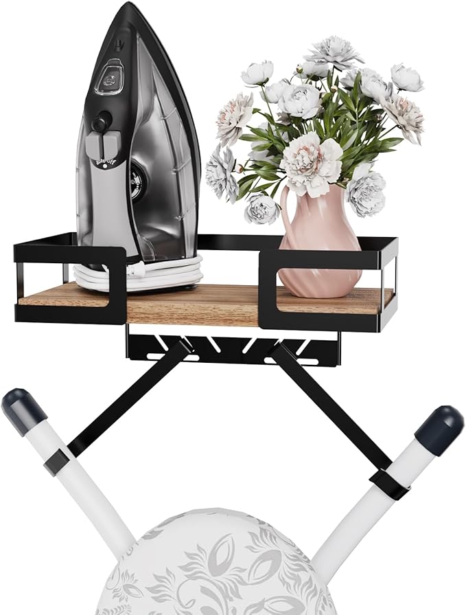 Ironing Board Holder Wall Mount, Heavy-Duty Metal Ironing Board Hanger with Hooks, Space-Saving Storage Rack for Laundry Room, Garage or Door, Black