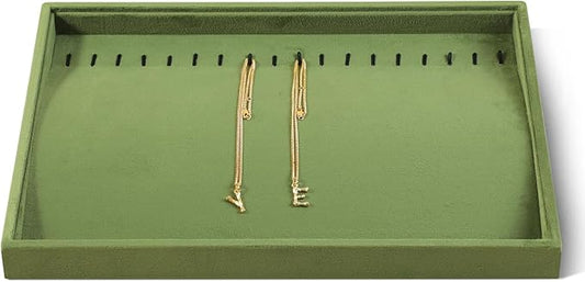 Velvet Jewelry Display Tray For Bracelet Pendant Necklace, Multi-Slot Stackable Storage Tray For Long Chain Jewelries, Drawer Insert Jewelry Organizer (Olive Green)