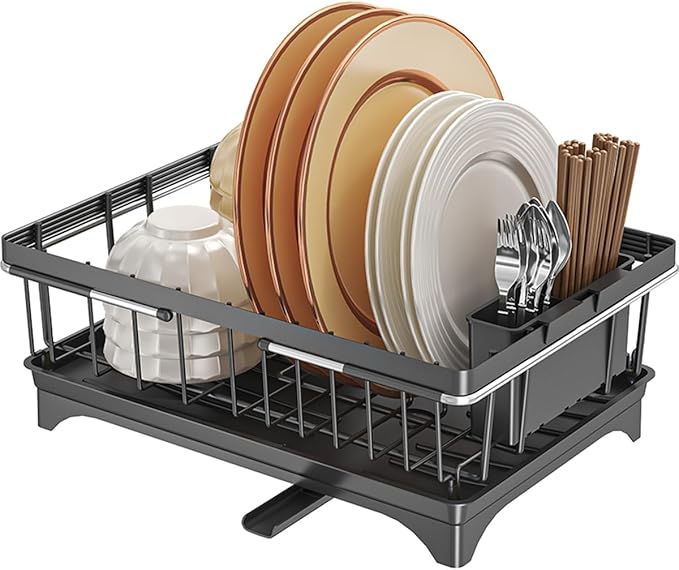 WENVITA Expandable Dish Drying Rack Over Sink, Space-Saving Dish Racks for Kitchen Counter, Dish Drainer Rack in Sink with Removable Utensil Holders, 11.2" D x 14.5" W x 4.5" H, Black