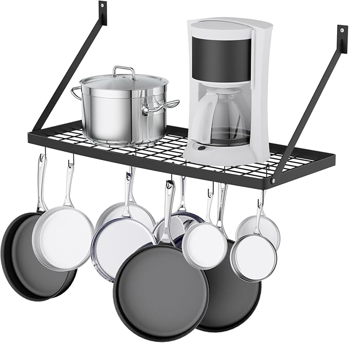 Miyili Wall Mounted Hanging Pot Rack – 30 by 13-Inch Kitchen Organizer with 10 Hooks, Space-Saving Cookware Hanger for Pots & Pans, Black