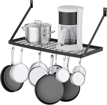 Miyili Wall Mounted Hanging Pot Rack – 30 by 13-Inch Kitchen Organizer with 10 Hooks, Space-Saving Cookware Hanger for Pots & Pans, Black