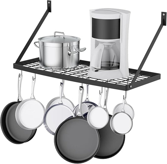 Miyili Wall Mounted Hanging Pot Rack – 30 by 13-Inch Kitchen Organizer with 10 Hooks, Space-Saving Cookware Hanger for Pots & Pans, Black