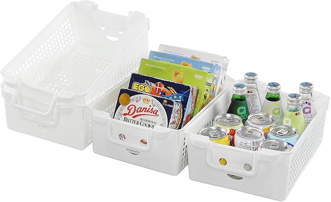 Saedy 4 Packs Plastic Baskets with Handle, Stackable Basket Organizer Bin, White