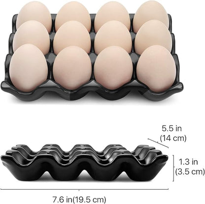 Flexzion 12 Cup Ceramic Egg Tray - Whole Dozen Porcelain Egg Holder Container Storage Organizer Decorative Serving Stand Serveware for Refrigerator Countertop