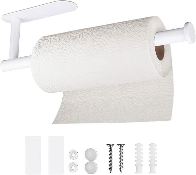 Paper Towel Holders-White,Paper Towels Rolls - for Kitchen Self-Adhesive Under Cabinet Wall Mount Countertop,Both Available in Adhesive and Screws