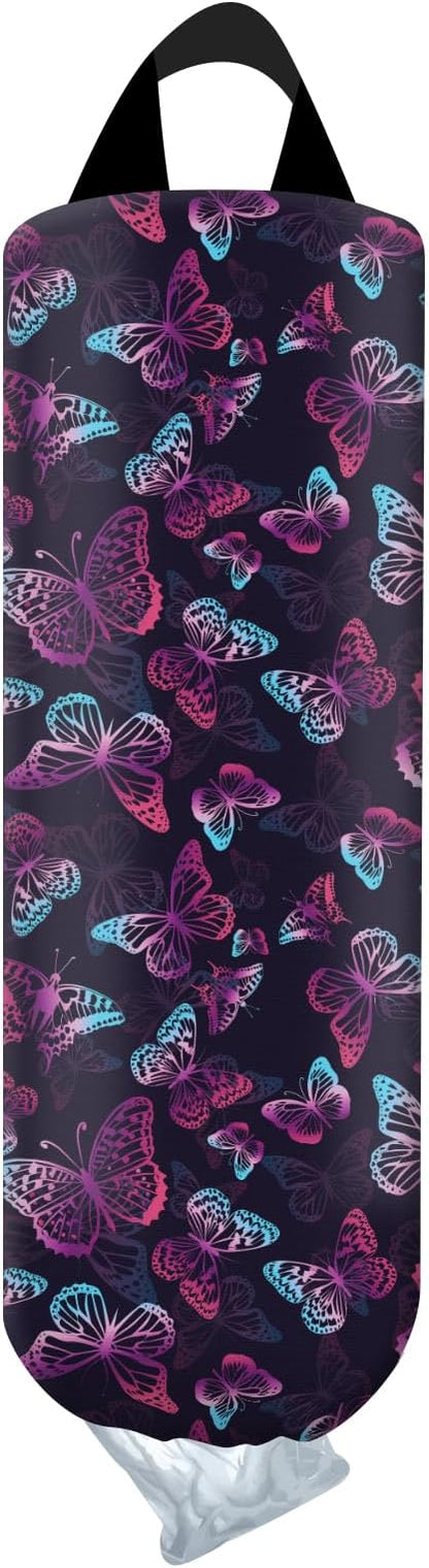 Plastic Bag Holder, Wall Mount Grocery Bag Organizer, Funny Hanging Trash Bag Storage Dispenser for Home Kitchen Cute Purple Butterfly