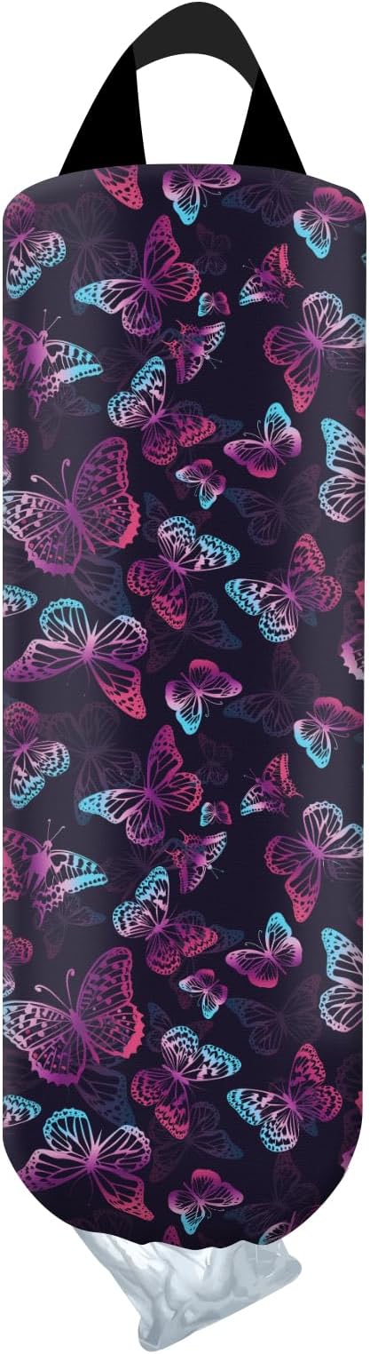 Plastic Bag Holder, Wall Mount Grocery Bag Organizer, Funny Hanging Trash Bag Storage Dispenser for Home Kitchen Cute Purple Butterfly