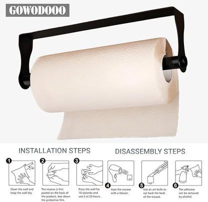 Black Paper Towel Holder Under Cabinet,Wall Mount Self Adhesive Paper Towel Rack for Kitchen,Stainless Steel hanging Paper Towel Rolls Holder,No more worrying about the paper roll falling off