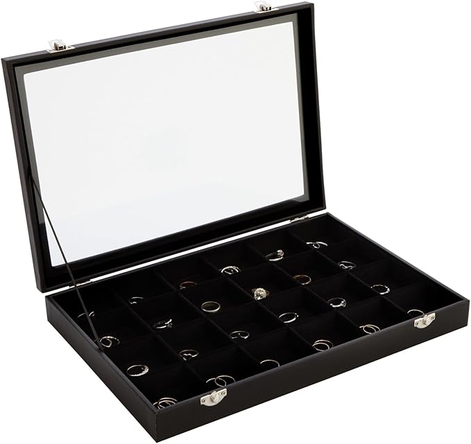 Juvale Black Velvet Jewelry Display Tray Organizer Case - Jewelry Display for Vendors w/Glass Cover - 24 Slot Tray with Removable Grids - Crystal & Rock Collection Box - Black 14 x 9.5 x2 in