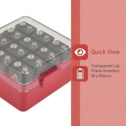 ALCYON Battery Organizer Storage Case, Battery Vault Box Container for 12pcs 9V Batteries, Plastic Clear Protective Battery Holder for Travelling/Home/Office (Red,Small)