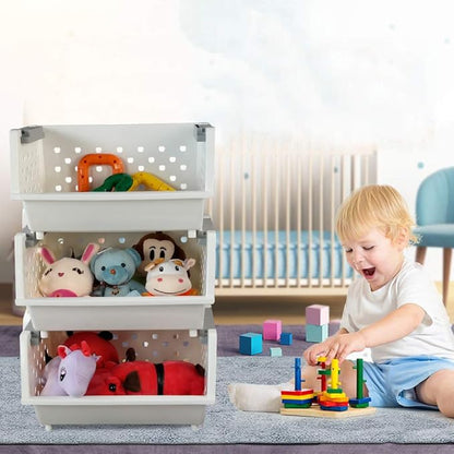 Fiaze 3-Pack White Plastic Kitchen Stackable Storage Baskets, Stackable Storage Bins Open Front for Pantry