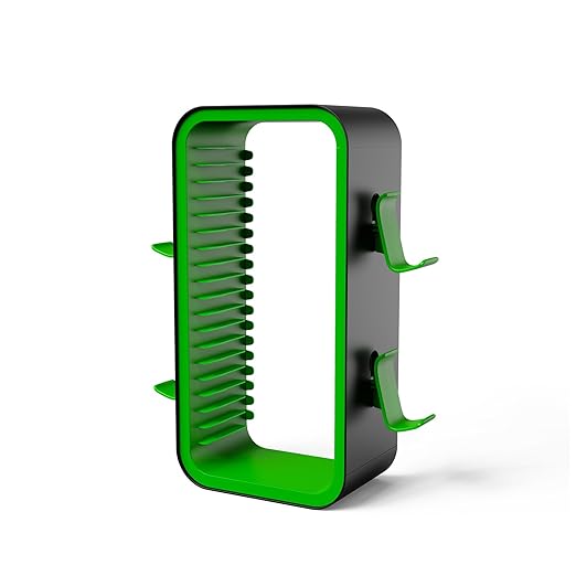 wigmoa Game Storage Tower【15.8INCH】 Compatible with PS5/ Xbox Series S & X/Switch, Universal Video Games Discs Organizers 18 PCS with 4 Controllers Holder, Game Disk Rack Shelf. OYO-1. (Black/Green)