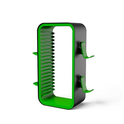 wigmoa Game Storage Tower【15.8INCH】 Compatible with PS5/ Xbox Series S & X/Switch, Universal Video Games Discs Organizers 18 PCS with 4 Controllers Holder, Game Disk Rack Shelf. OYO-1. (Black/Green)