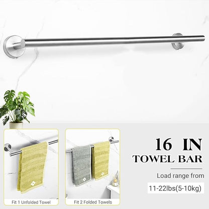 Brushed Silver Bathroom Towel Bar Set, 5-Piece Stainless Steel Hardware Bathroom Accessories, 16" Towel Racks for Bathroom Walls