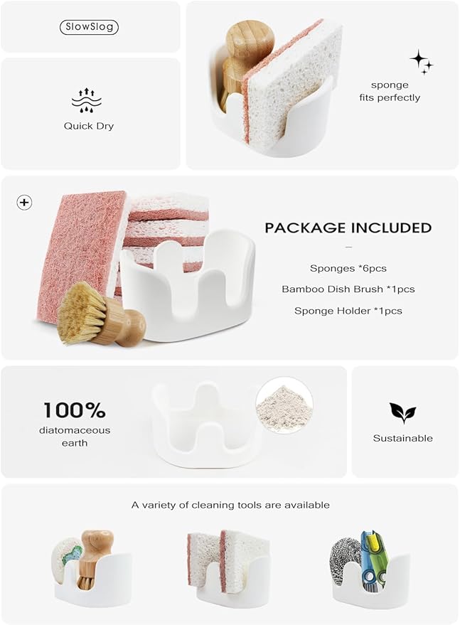 Slow Slog Double Sponge Holder, Water-Absorbing Stone Dish Sponge Caddy for Kitchen Sink Counter, Fast-Drying Stone Sponge Holder with 6 Sponges and 1 Brush, White