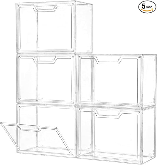 Freebat Stackable Storage Bins, Clear Acrylic Display Case, 5-Pack Acrylic Boxes with Lids, Clear Storage Containers Storage for Handbags, Collectibles & Figures