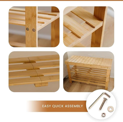 Leaf & Grain Bamboo Shoe Rack - Shoe Storage Bench for Front Door Entrance - Entryway Bench with Shoe Shelf, Shoe Storage Organizer, Wooden Shoe Rack, Durable Shoe Bench for Home (Natural)