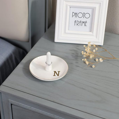 HOME SMILE Initials Ring Holder Jewery Tray with personalized N-Monogrammed Engagement Gifts for Friends,Birthday Mother's Day Christmas Gifts for Women,Ceramic White