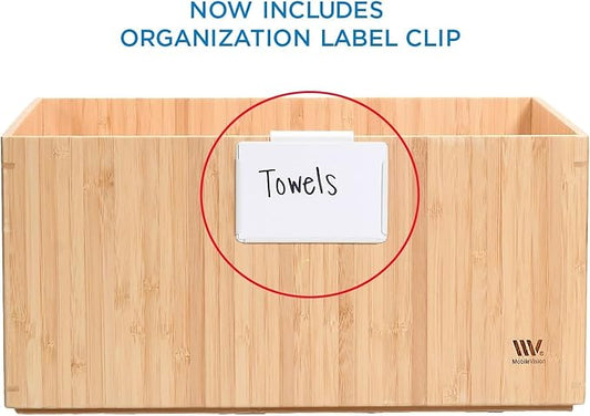 MobileVision Bamboo Storage Box, 12”x 9”x 6”, Durable Bin w/ Handles, Stackable - For Toys Bedding Clothes Baby Essentials Arts & Crafts Closet & Office Shelf With (White Clip Included)