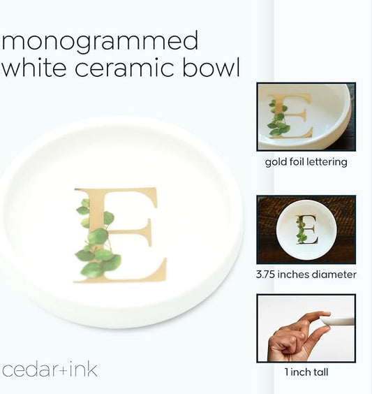 Trinket Tray Jewelry Dish with Monogrammed E in Gold Ring Holder - White Trinket Dish - Personalized Ring Dish or Jewelry Tray - Cedar & Ink (E)