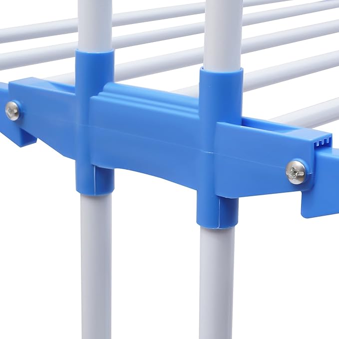 Foldable Clothes Drying Rack, 4 Tier Metal Clothes Rail with Wheels 7 Windproof Hooks Clothes Horses Rack Laundry Garment Dryer Stand with 2 Side Wings Indoor, Outdoor, Bedroom, Loft (Blue)
