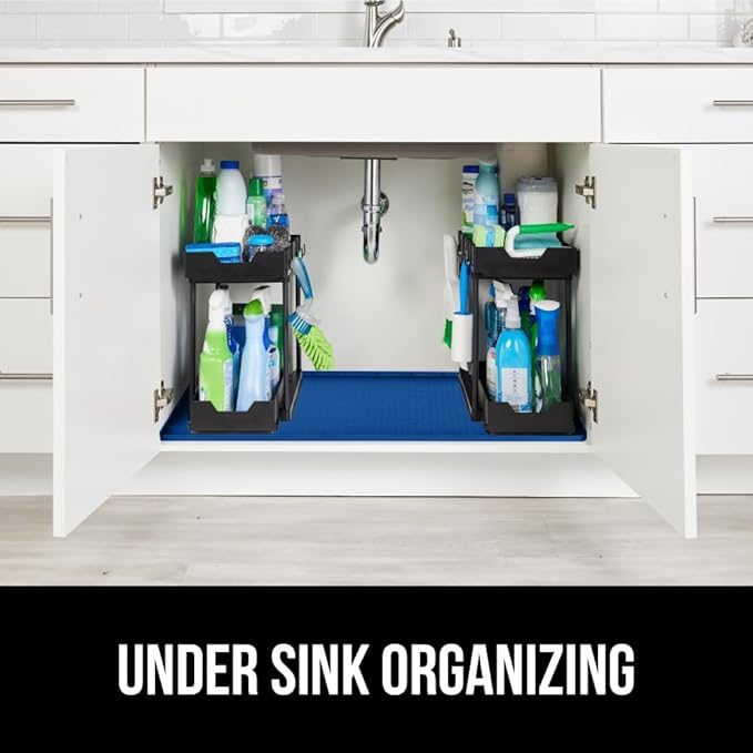 GORILLA GRIP Waterproof Silicone Under Sink Mat with Raised Lip for Kitchen and Bathroom, 46 x 22 in, Cabinet Shelf Liner Stay in Place Mats Dishwasher Safe Drawer Liner, Organizer Tray, Blue