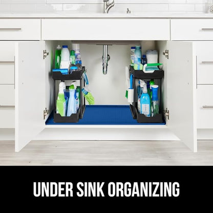 GORILLA GRIP Waterproof Silicone Under Sink Mat with Raised Lip for Kitchen and Bathroom, Cabinet Shelf Liner Stay in Place Mats Dishwasher Safe Drawer Liner, Organizer Tray, 19 x 34 in, Blue