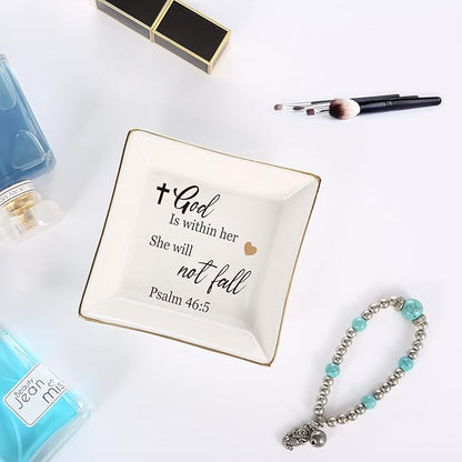 JOYIMARR Religious Gifts for Women Christian-Ceramic Ring Dish -God is Within Her She Will Not Fall, Christian Gifts for Mom Sister Aunt