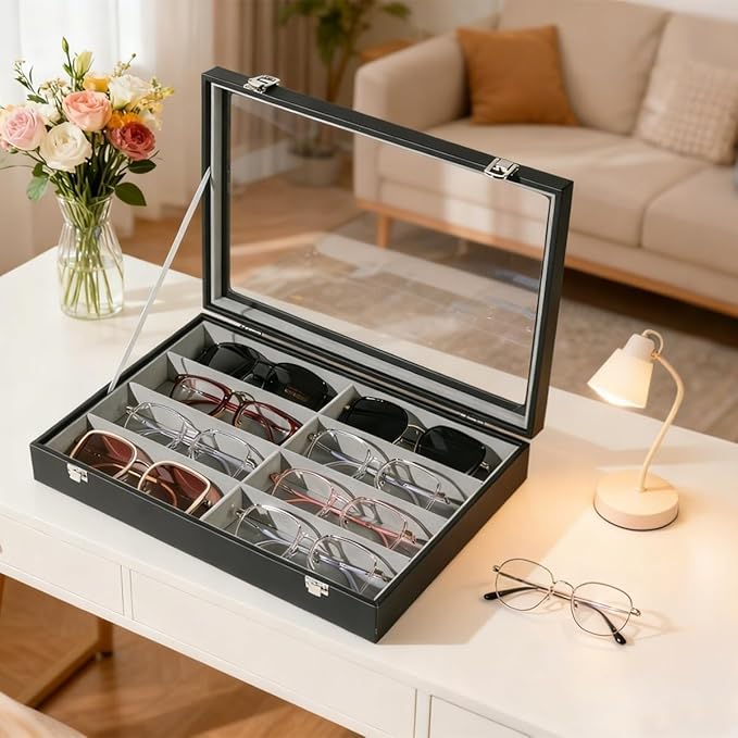 XHMQYC Glasses Holder Box Drawer Sunglass Organizer for Men Clear Wide Storage Case 8 Slots Multiple Reading Glasses Display, Black Leather With Clear Glass Lid