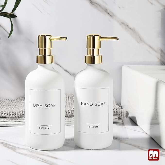 GMISUN White Soap Dispenser, 2 Pack Glass Hand Soap Dispensers Bathroom with Gold Pump, 17 Fl Oz Dish Soap Dispenser Set for Kitchen, Refillable Modern Liquid Soap and Lotion Dispensers Bottle