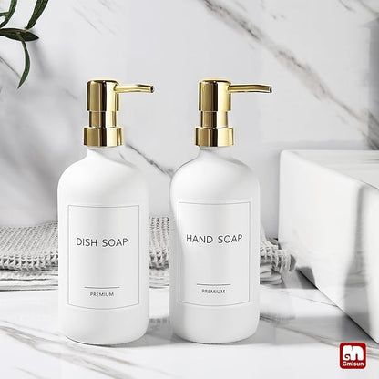 GMISUN White Soap Dispenser, 2 Pack Glass Hand Soap Dispensers Bathroom with Gold Pump, 17 Fl Oz Dish Soap Dispenser Set for Kitchen, Refillable Modern Liquid Soap and Lotion Dispensers Bottle
