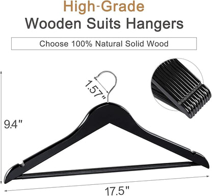 TOPIA HANGER Wooden Coat Hangers 30 Pack, Black Wood Suit Hangers with Non Slip Pants Bar, 360° Swivel Hook and Shoulder Notches for Camisole, Jacket, Pants, Smooth Finish Clothes Hangers -CT34B30