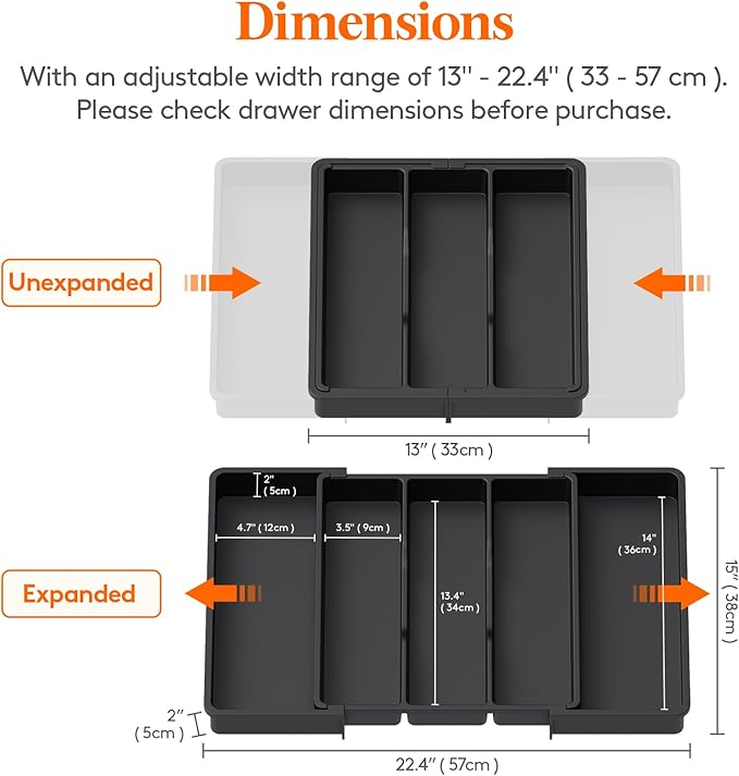 Lifewit Utensil Organizer for Kitchen Drawers, Expandable Cooking Utensil Tray, Adjustable Cutlery Silverware Flatware Holder, Plastic Spatula Tools and Gadgets Storage Divider, Black, 13"-22" x 15"