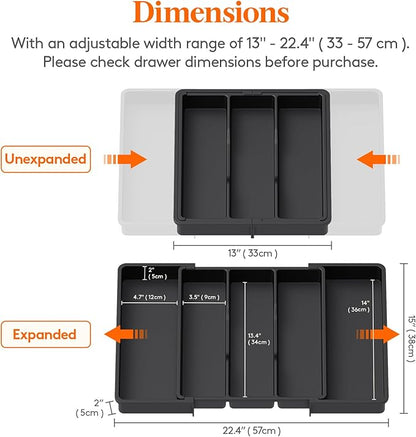 Lifewit Utensil Organizer for Kitchen Drawers, Expandable Cooking Utensil Tray, Adjustable Cutlery Silverware Flatware Holder, Plastic Spatula Tools and Gadgets Storage Divider, Black, 13"-22" x 15"