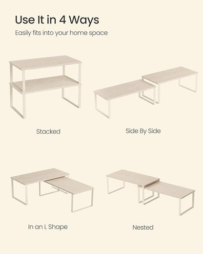SONGMICS Cabinet Organizer Shelf, Set of 2 Kitchen Counter Shelves, Kitchen Storage, Spice Rack, Stackable, Expandable, Metal and Engineered Wood, Travertine Beige and Cream White UKCS025L01