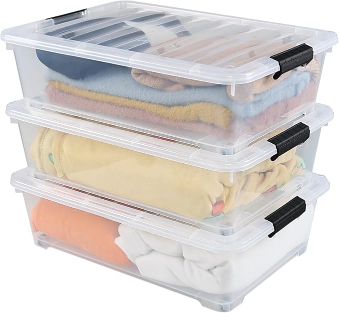 Yesdate 25 Quart Plastic Under Bed Storage Boxes, Wheeled UnderBed Storage Container, 3 Pack, Clear