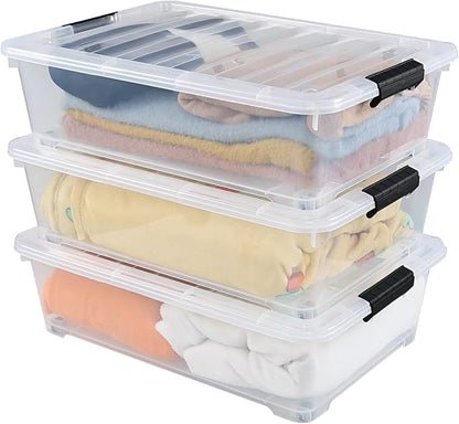 Yesdate 25 Quart Plastic Under Bed Storage Boxes, Wheeled UnderBed Storage Container, 3 Pack, Clear