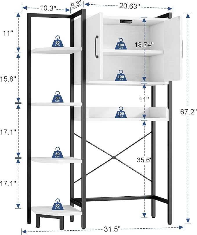 Roxibelt K2 Heavy Duty 7-Tier Over The Toilet Storage Cabinet（With Magnetic Doors & Adjustable Feet）Freestanding Above Toilet Shelf，Space Saver Bathroom Organizer 9.3"D x 31.5"W x 67.2"H，Beige White