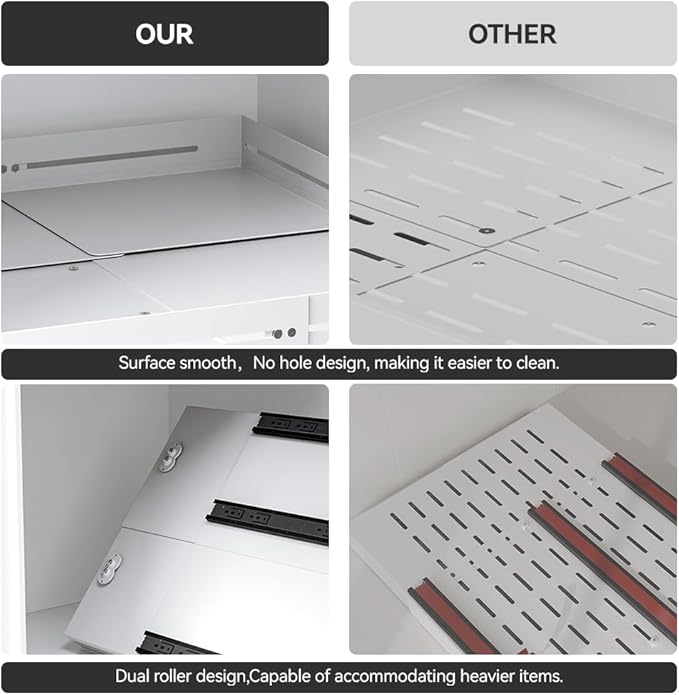 Pull-out Cabinet Organizer,Adjustable Depth(15.7"-24.4") And Width(12.8"-20.5"),3 Silent slides and 2 Support Pulleys,Easy to Assemble and Heavy-Duty Storing slide-out drawer,White