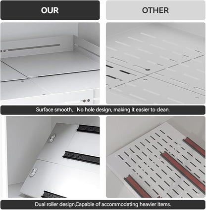 Pull-out Cabinet Organizer,Adjustable Depth(15.7"-24.4") And Width(12.8"-20.5"),3 Silent slides and 2 Support Pulleys,Easy to Assemble and Heavy-Duty Storing slide-out drawer,White
