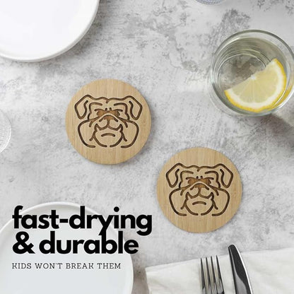 Set of 6 Bamboo Laser-Engraved Fun Dog Coasters with Iron Holder - Gift Packaging 3.9 Inch Non-Stick Absorbent Durable and Unbreakable Wooden Cup Coasters for Dog Lovers (Bulldog)