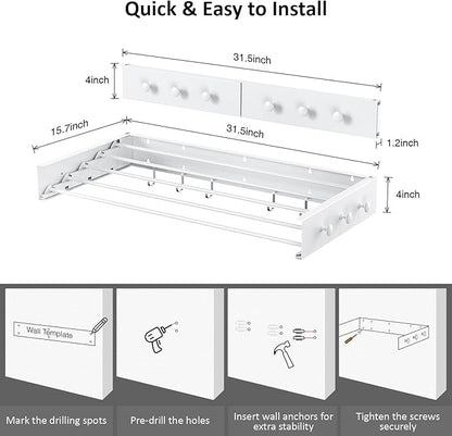 Drying Rack Clothing,Clothes Drying Rack Wall Mounted,Laundry Drying Rack Wall Mount,Foldable,Collapsible,60 lb Capacity 5 Aluminium Poles with 6 Hooks (White, 31.5'')
