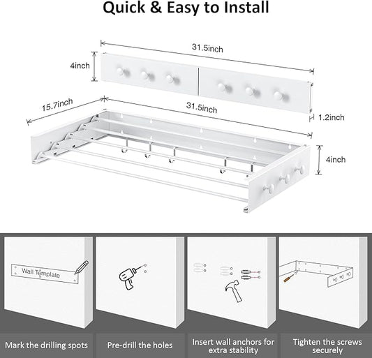 Drying Rack Clothing,Clothes Drying Rack Wall Mounted,Laundry Drying Rack Wall Mount,Foldable,Collapsible,60 lb Capacity 5 Aluminium Poles with 6 Hooks (White, 31.5'')