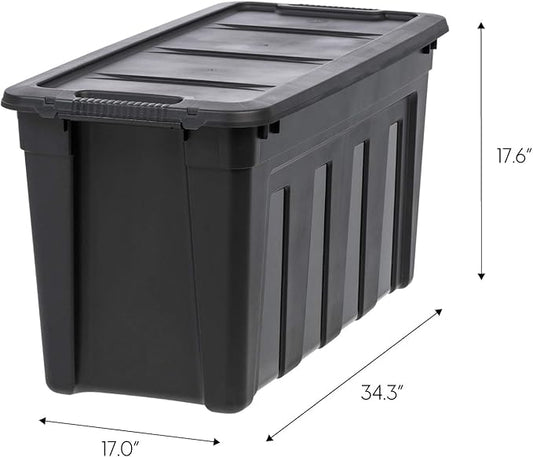 IRIS USA 31 Gallon Heavy Duty Storage Totes with Easy-Grip Handles, 4 Pack - Large Bins with Lids Garage Organizing Tubs, Durable Stackable Utility Containers, Made in USA - Black
