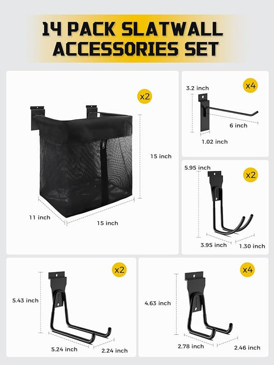 AZUNO 14 PCS Slatwall Accessories Kit - 2 Pack Large Mesh Slatwall Baskets with Front Zipper & 12 Pack Heavy Duty Slat Wall Hooks, Garage Storage & Organizer for Sports Gear, Toys, Tools