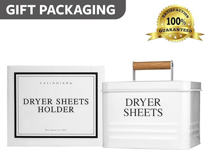 Calindiana Modern Farmhouse Metal Laundry Dryer Sheets Holder Fabric Softener Dispenser with Lid for Laundry Room Decor and Accessories and Space Saving Laundry Organization and Storage, White