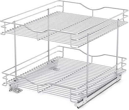FULGENTE Chrome Finish Pull Out Drawer Cabinet Organizer 2 Tier (17" W * 21" D*15.12''H) Professional Sliding Pantry Shelves Under Kitchen Bathroom Sink Wire Drawer Storage Roll Out Shelf Basket