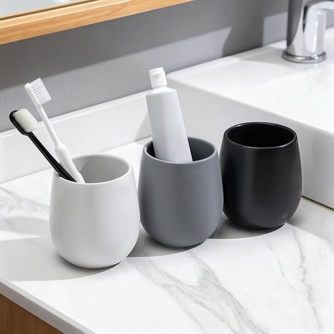 Black Ceramic Toothbrush Holder - 11Oz Small Bathroom Tooth Brushing Holders, Reusable Mouthwash Cup, Toothpaste Holder, Makeup Brush Holder, Pen Holder for Bathroom Countertop, 1PC